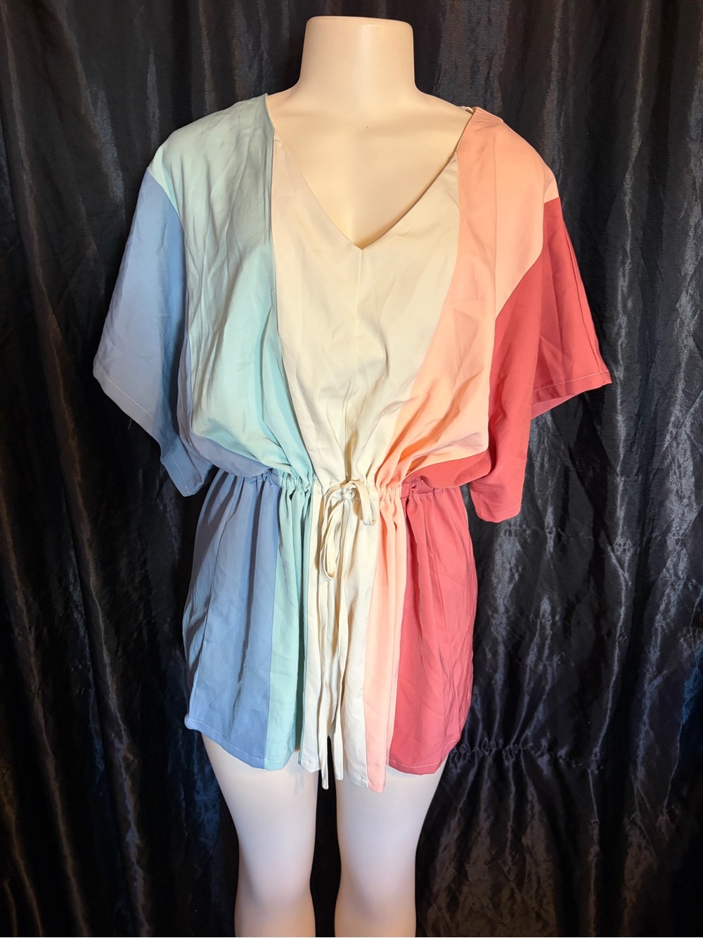Pastel Stripe V-Neck Drawstring Romper - Multicolor